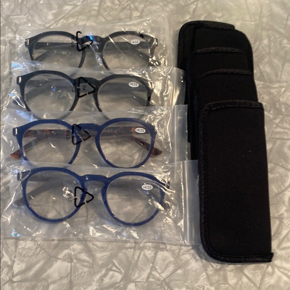 Set of Blue and Black Reading Glasses with Case